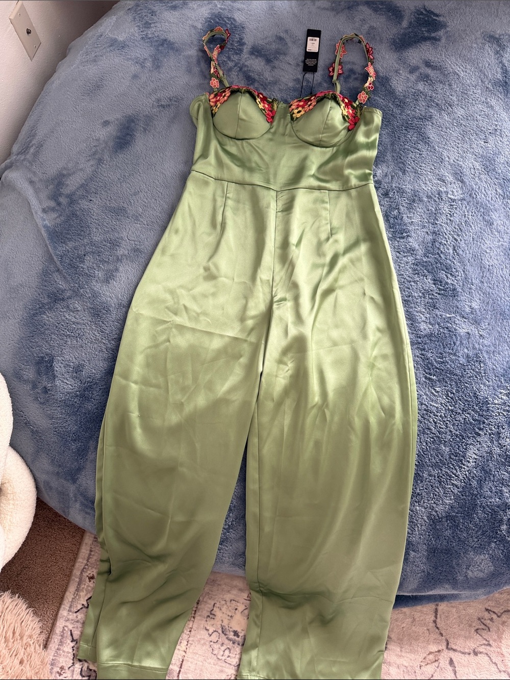 Fashion Nova Light Green Satin Bustier Jumpsuit with Floral Straps